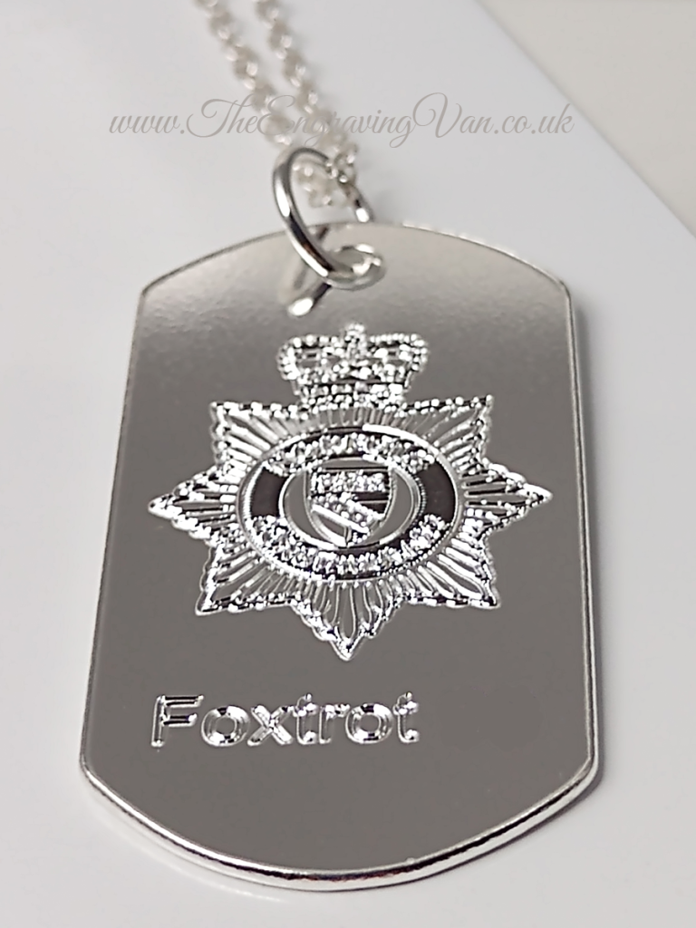 Customers own design engraving on 100 % recycled sterling silver.  (Some characters removed for customer anonymity). 
