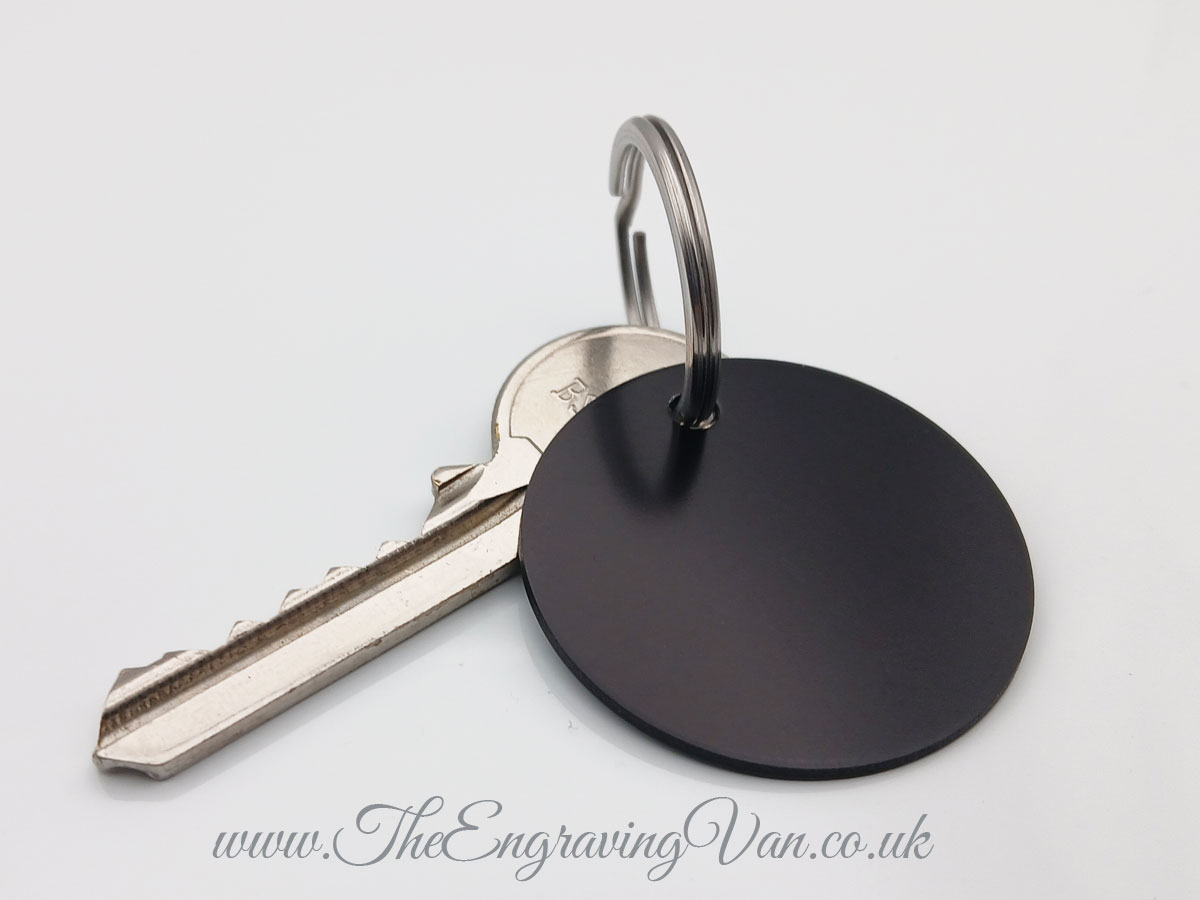 Round Disk Key Ring - (Large - 38mm) - Personalised Text and Font Choice, Single or Both Sides Engraved, Choice of Colours - 80-90% Recycled Aluminium. Recyclable.