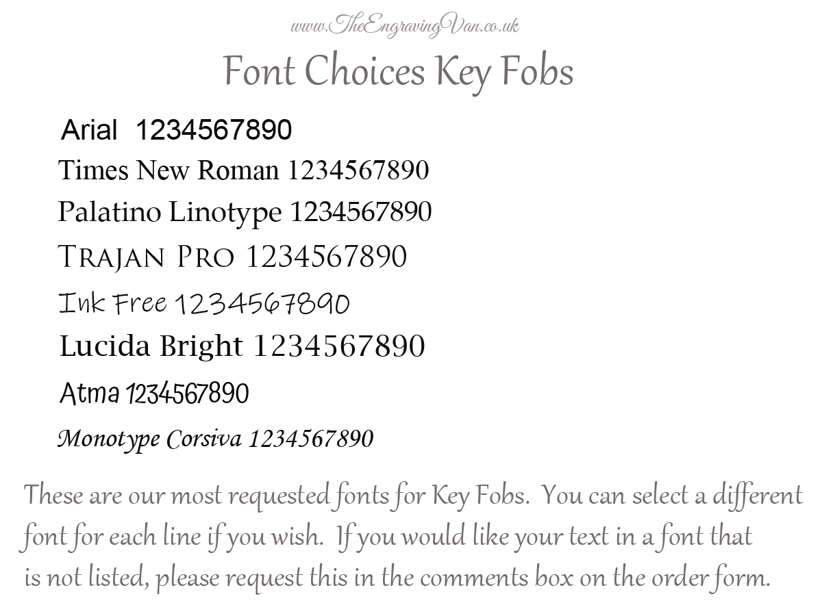 Font Choices Available on Key Fobs.