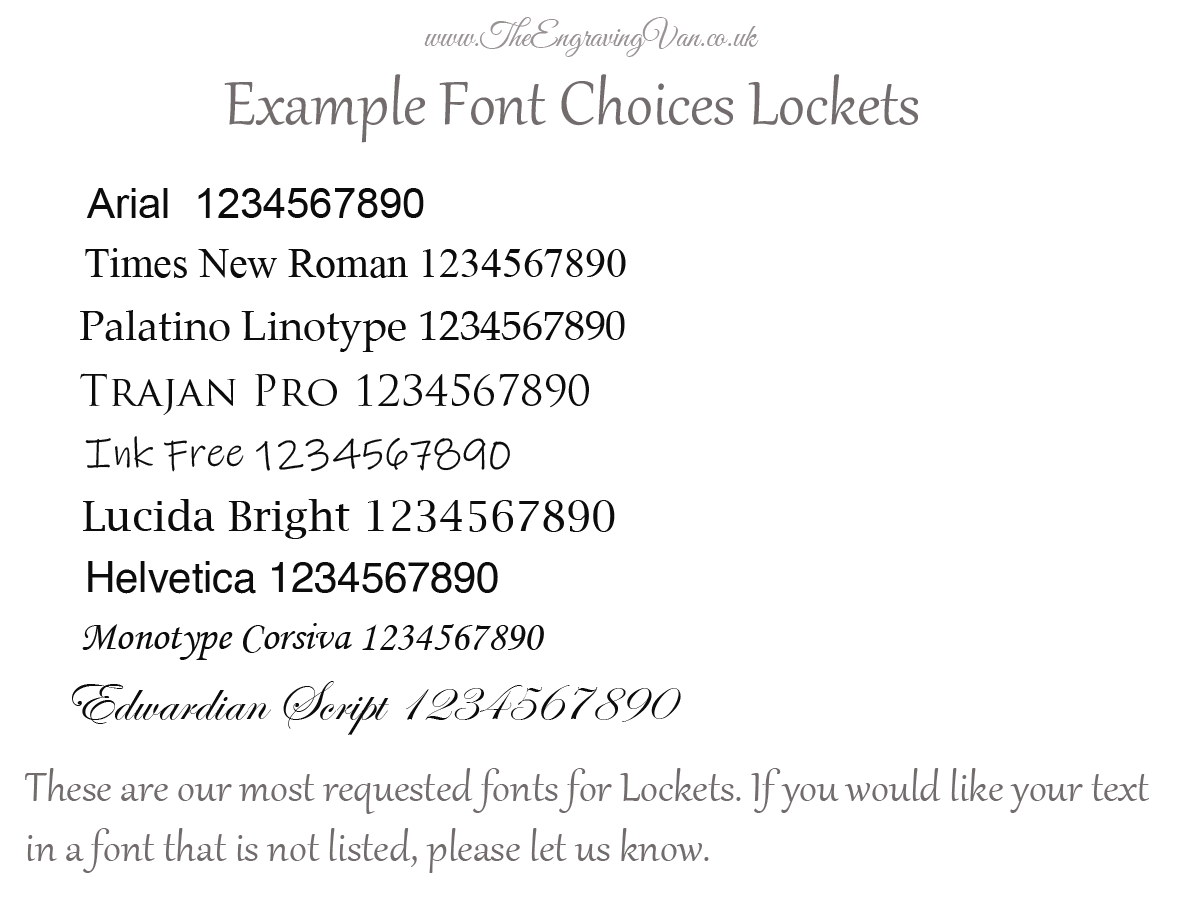 Sample font choices for lockets The Engraving Van